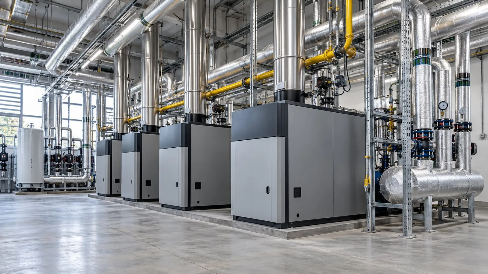 Commercial boiler plant room with flues and gas pipework