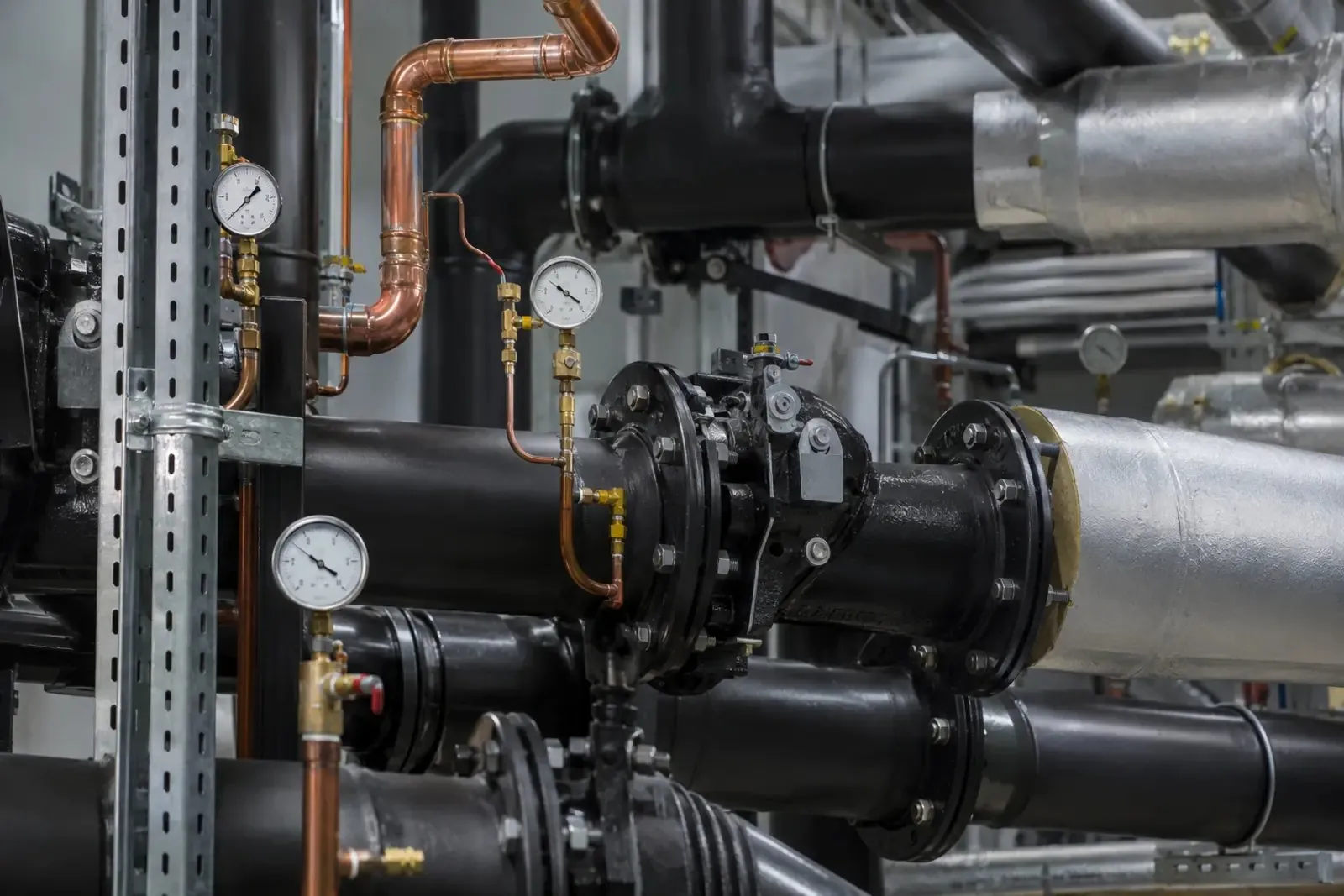 Plant room pipework with valves and pressure gauges