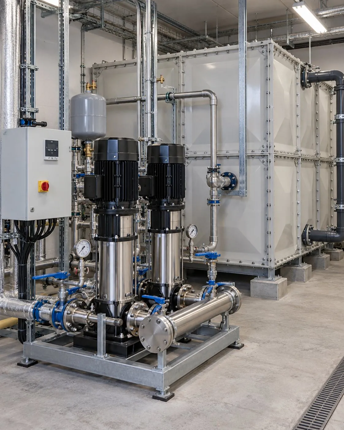 Cold water booster set and sectional storage tank