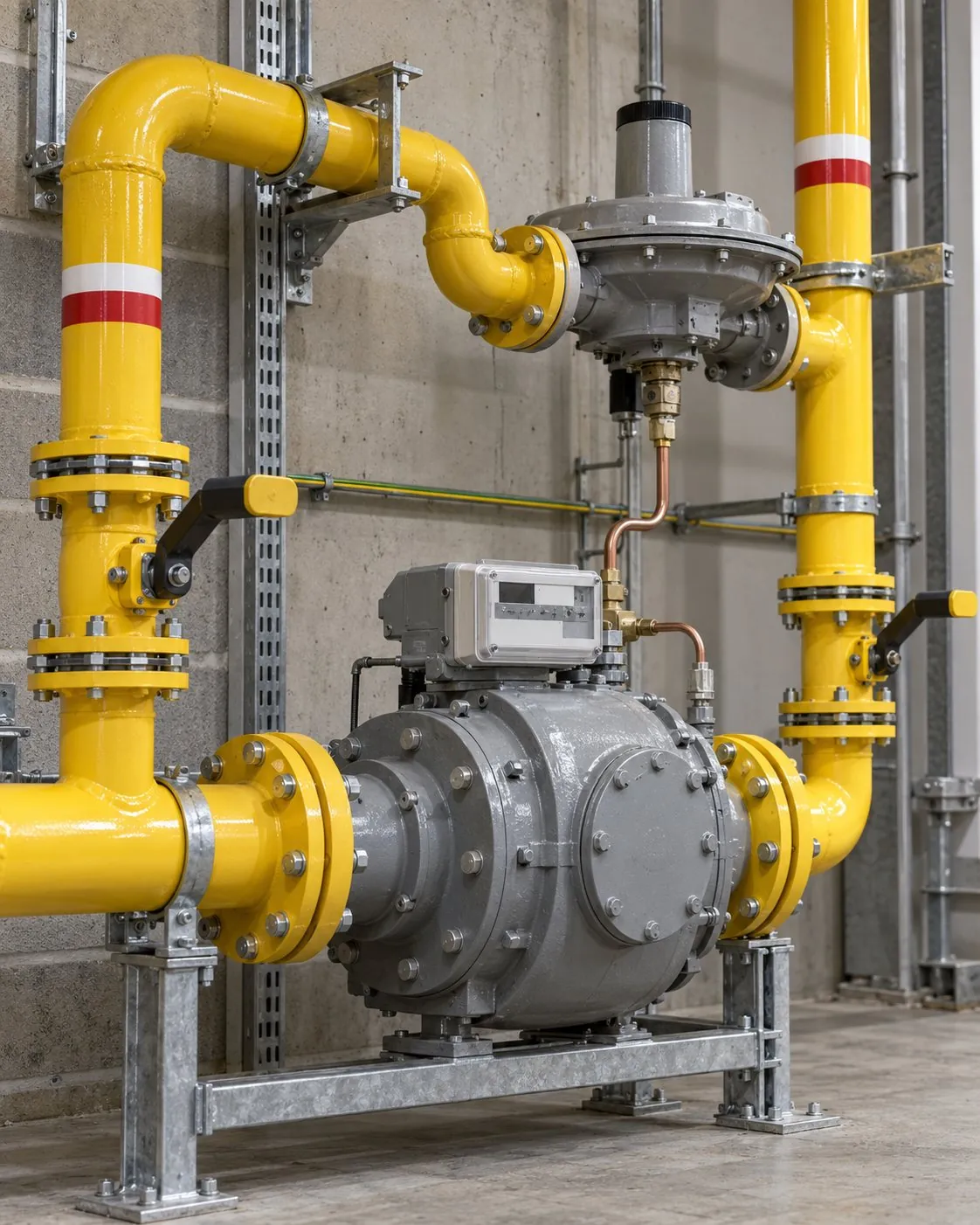 Commercial gas meter installation with yellow gas pipework