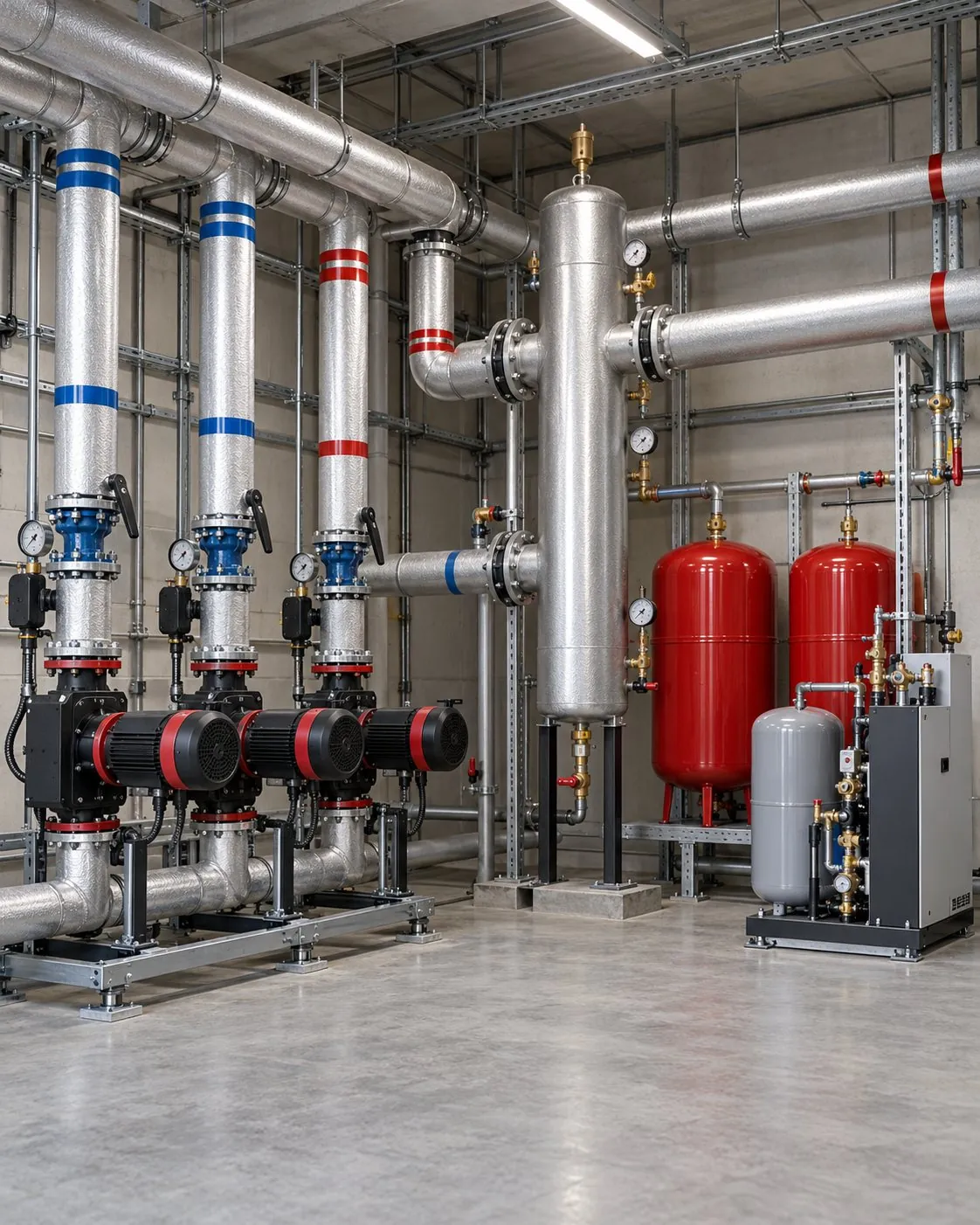Commercial plant room with pump sets, low-loss header and expansion vessels