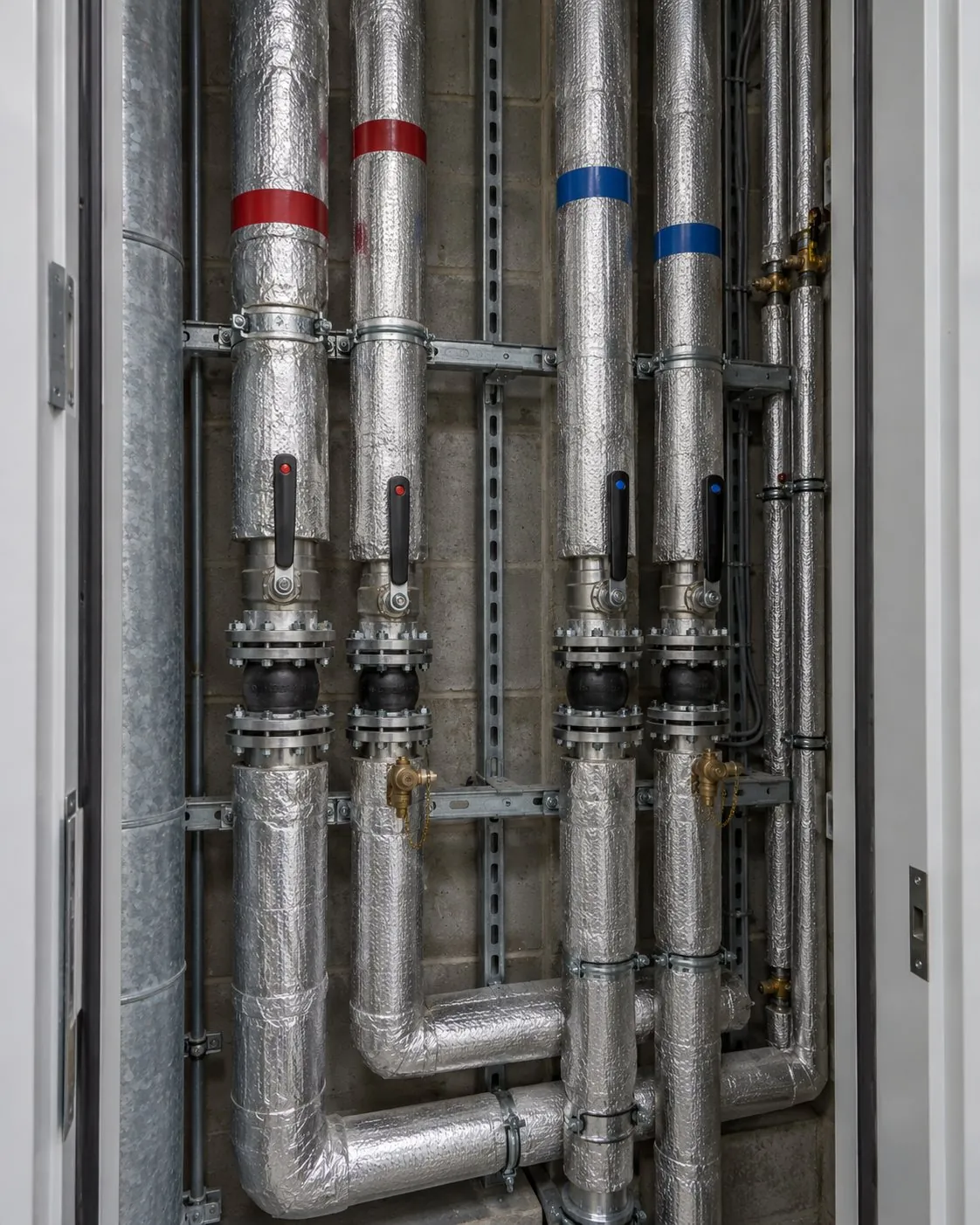 Insulated heating and chilled water pipework in a riser