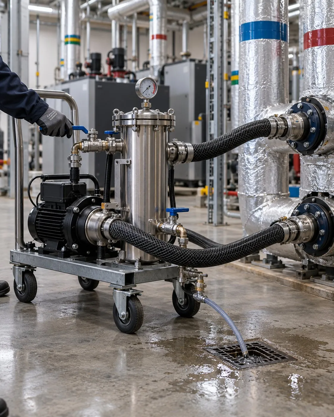 Flushing rig connected to commercial heating pipework